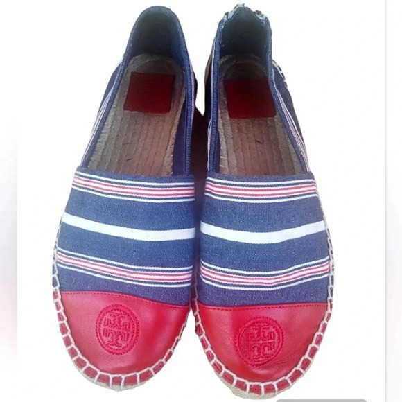 Tory Burch Nautical Blue Stripe Leather Cap Toe Jute Espadrilles Size 9 - Picture 2 of 8